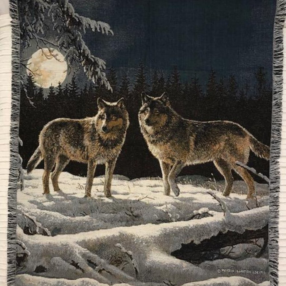 🔵 Vintage & New - Moon Rise Wolves Woven Tapestry Throw - Rare - Christmas Gift - Picture 2 of 14